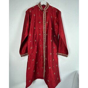 Vintage Satellite Mens Red Embellished Long Kurta Size 14 Long Sleeve Pockets
